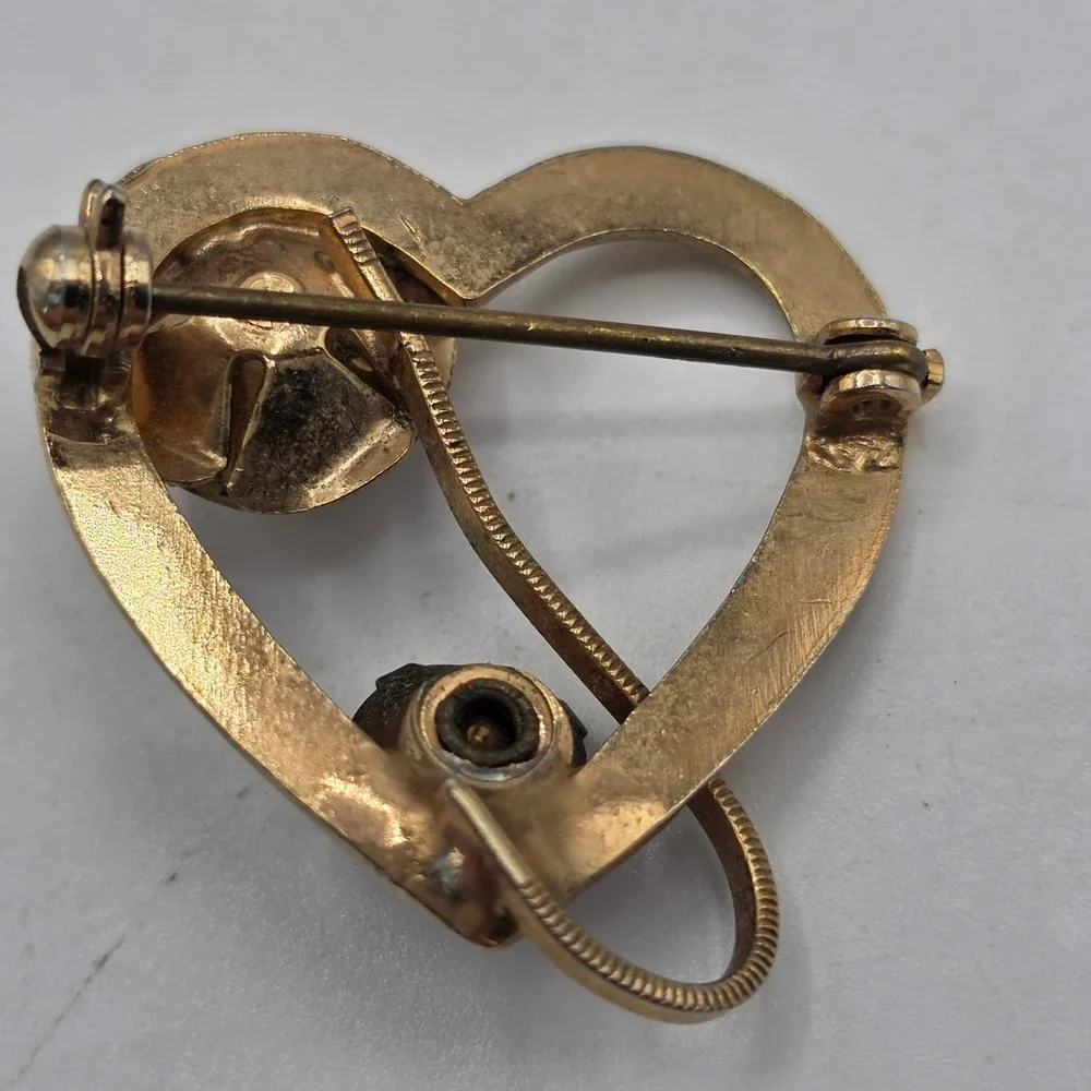 Vintage Gold Tone Heart Brooch Rose Faux Pearl Lavender Rhinestone Etched Pin